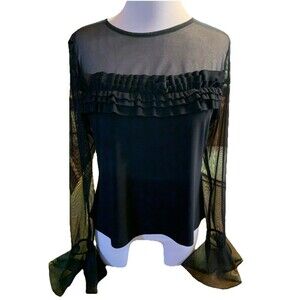$98 Whimsigoth Black Sheer Blouse Dark Romance Sz Large Helene Blake Ruffle Sexy